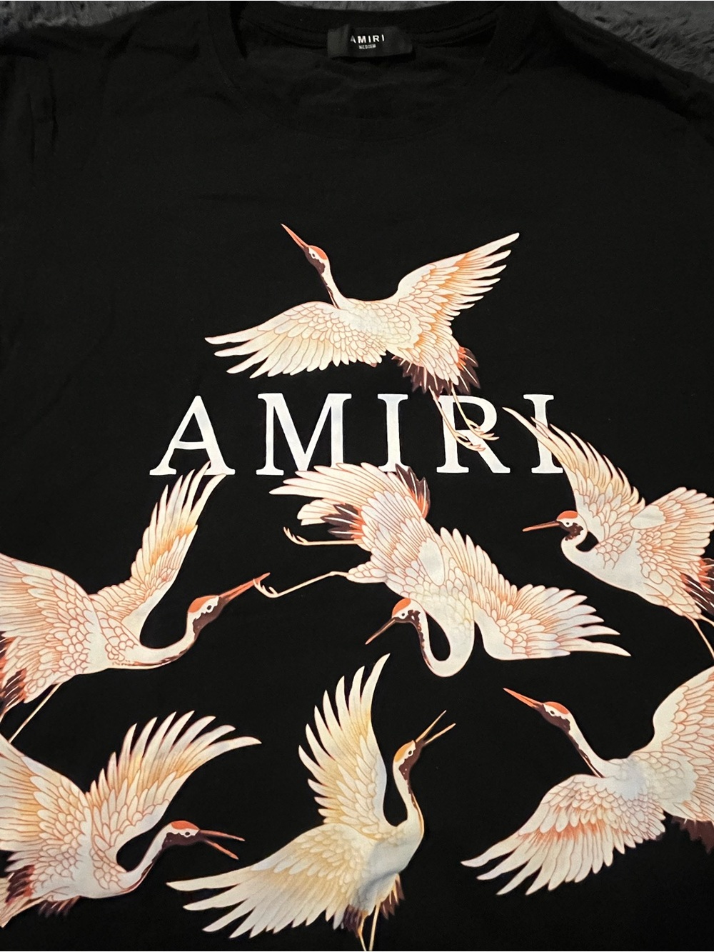 AMIRI Black Tee with Cream & Peach Crane Print - Picture 3 of 4